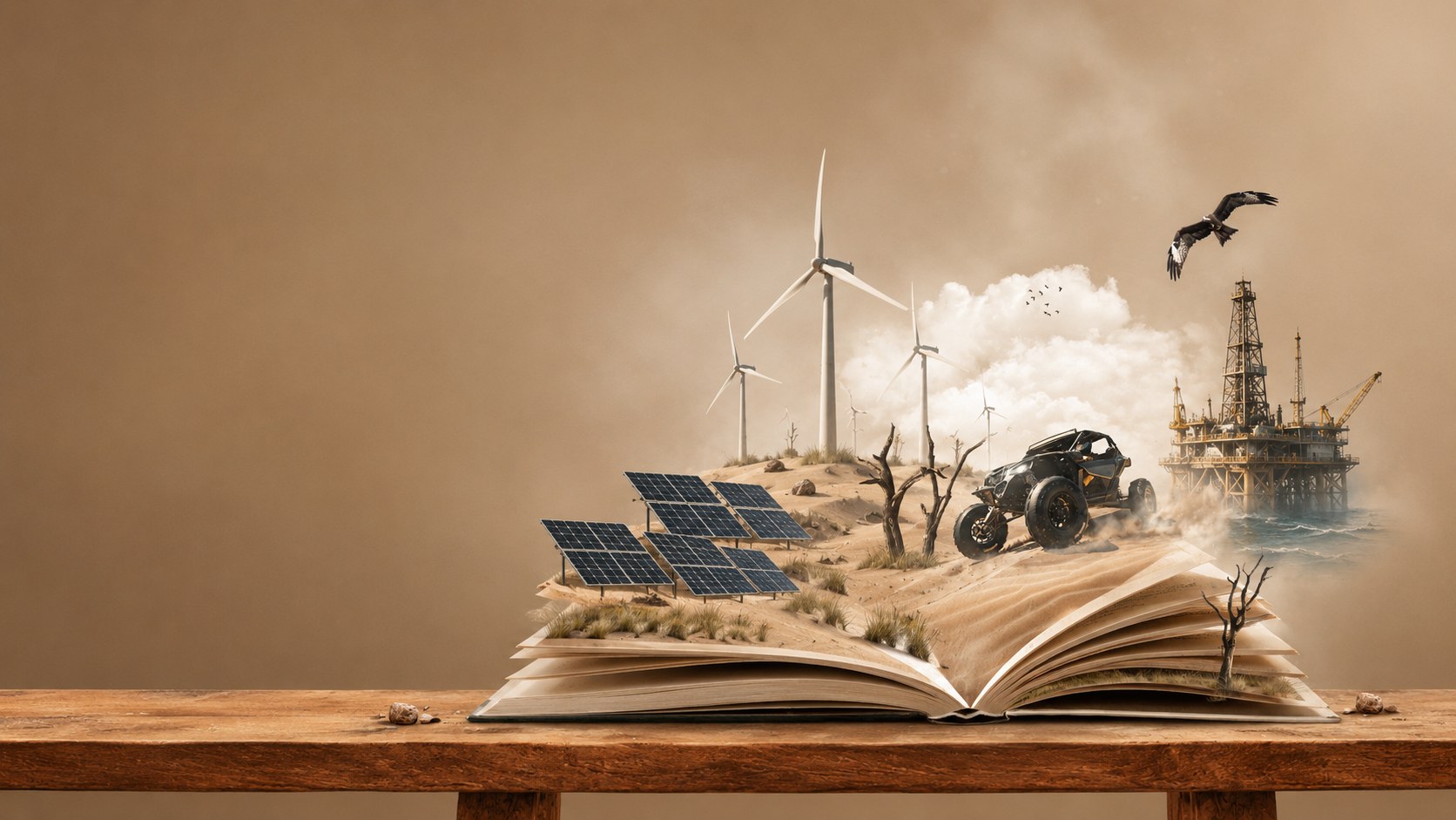 Livre ouvert d’où émergent un parc éolien terrestre, des panneaux solaires photovoltaïques et une plateforme offshore