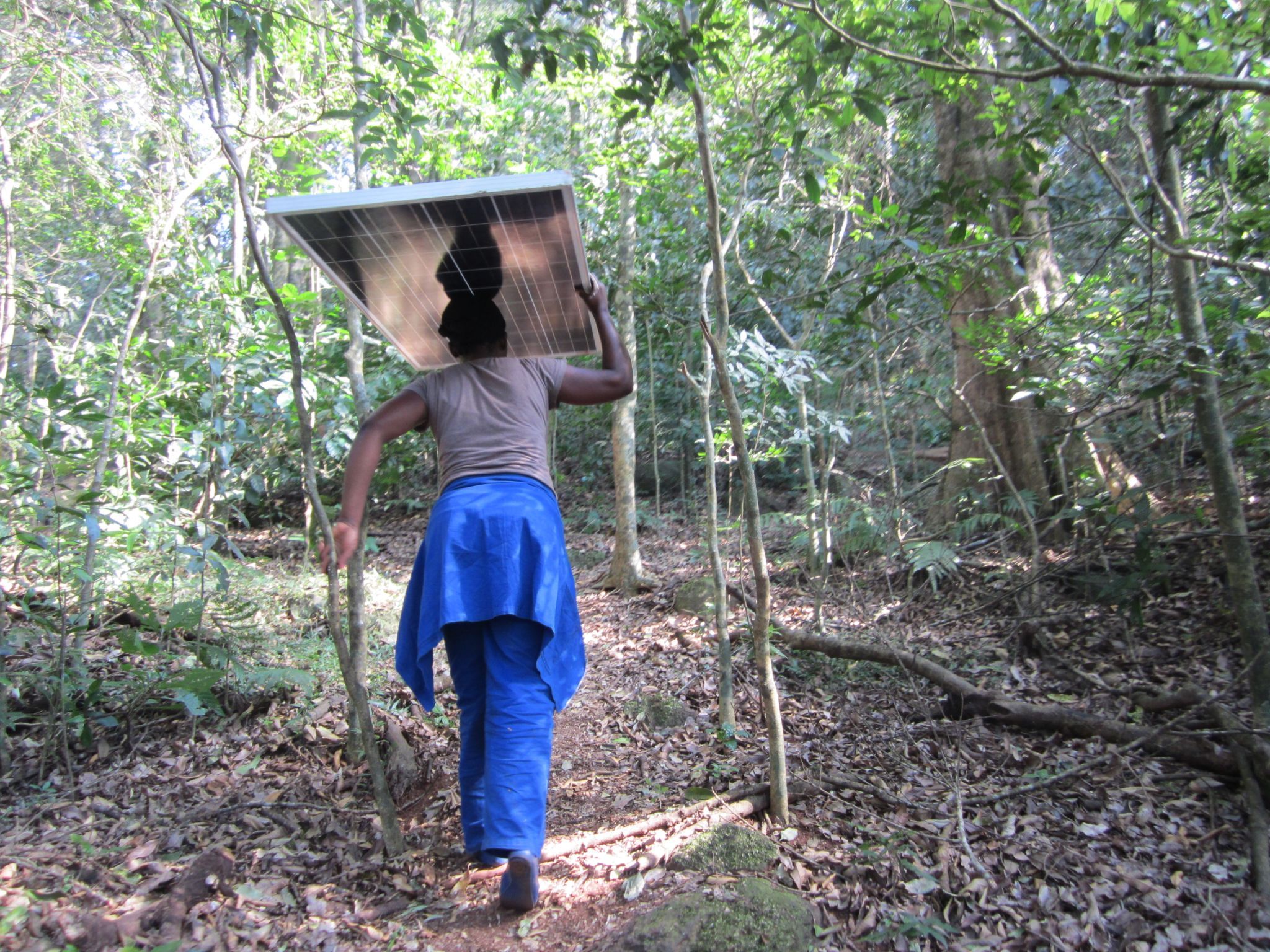 Woman carrying a solar panel in Malawi